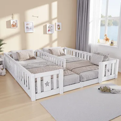 Produktbild von INONEFT Bodenbett 90x200 cm ohne Lattenrost, Kinderbett aus Massivholz mit Rausfallschutz, Sternmotiv Montessori Bett Bettgestell für 2 Kindern, Weiß