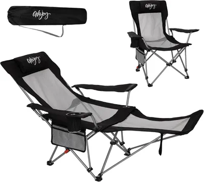Productafbeelding van Opvouwbare campingstoel met voetensteun, verstelbare rugleuning tot ligstand, bekerhouder en draagtas, belastbaar tot 180 kg