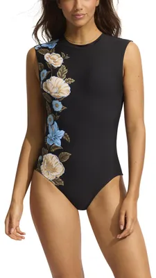 Produktbild von Seafolly Damen Einteiliger Flügelärmeln und offenem Rücken Badeanzug, Gartenpart