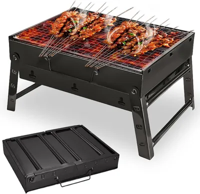 Immagine prodotto di Griglia a carbone pieghevole, piccola, dimensioni 35 x 27 x 20 cm, griglia portatile, in acciaio inossidabile, ideale per campeggio, griglia da esterno portatile, adatta per picnic, terrazza e campeggio