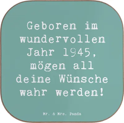 Produktbild von Mr. & Mrs. Panda Holzuntersetzer Spruch 1945 Geburtstag - Meeresbrise - Geschenk, handgefertigte Geschenke, liebevolle, Untersetzer für Gläser, Geburtstagsgeschenk, Alter