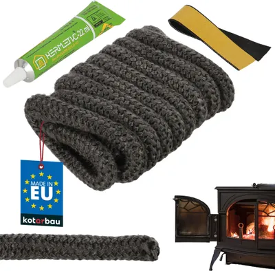 A collection of items for sealing a wood-burning stove, including a tube of adhesive, a length of rope-like sealing material, a strip of adhesive tape, and a small wood-burning stove with an open door and visible fire.
