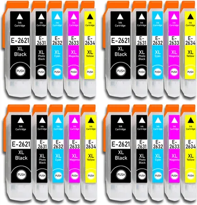 A collection of ink cartridges arranged in two rows.