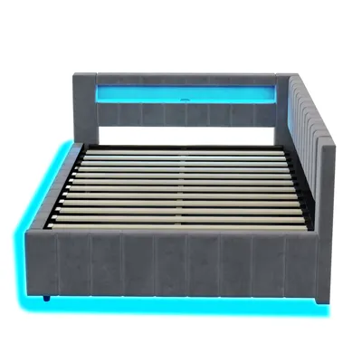 Produktbild von Flieks Hydraulisches Polsterbett 140x200cm mit USB, Tagesbett Schlafsofa mit LED, Doppelbett Jugendbett mit Stauraum, Samt, Dunkelgrau