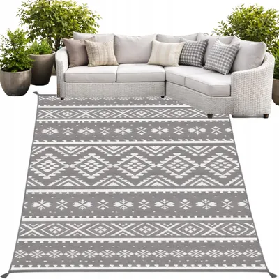 Produktbild von Outdoor Teppich 160x230 Wasserdicht - Balkon Terrasse Wendbar - Grau Weiß