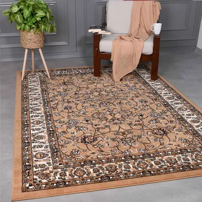 Produktbild von Wohnzimmer Teppich Skazar Crème, Oriental Design, Klassisches Muster, Kurzflor Polypropylen, Pflegeleicht, Antiallergisch, Geeignet für Fußbodenheizung, Größe  80 X 150 CM