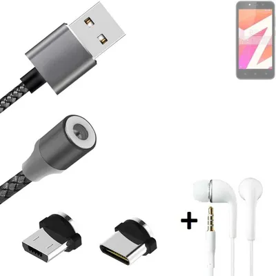 Produktbild von K-S-Trade® Hochwertiges Magnet-Lade-kabel Sync-Kabel Daten-Kabel + Kopfhörer für Lava Z1s mit USB-Typ-C-Anschluss und Micro-USB-Anschluss 2A bis zu
