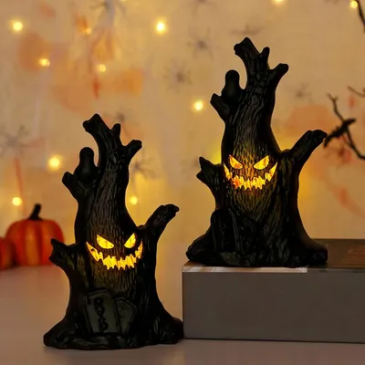 Produktbild von Halloween Deko Geister Baumstumpf mit LED Licht, 2 Stück Halloween Geister Baumstumpf Figuren Leuchtende, Halloween LED Geister Baumstumpf Batteriebetriebene für Halloween Dekoration, Party Deko (x 2)