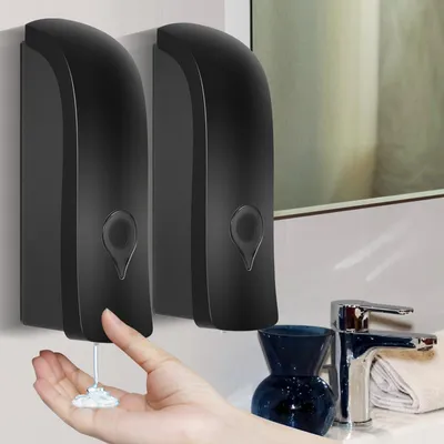 Image de Distributeur de savon mural, lot de 2, 300 ml, montage manuel, sans perçage ni vissage, pour gel douche, shampoing, désinfectant, noir