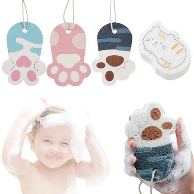 Produktbild von Unyqoos® Set mit 4 wiederverwendbaren Baby‑Badschwämmen – weich & ergonomisch für kleine Hände, Katzenpfoten‑Design, aus natürlichen Materialien