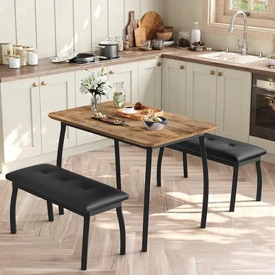 Imagen del producto de Conjunto de comedor de 3 piezas, con 2 bancos acolchados para 4 personas
