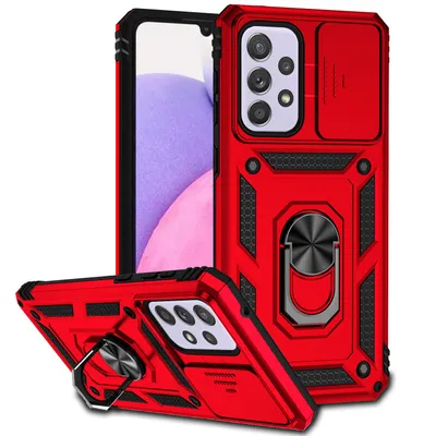 Immagine prodotto di Custodia per Samsung Galaxy A33 5G a doppio strato con copertura scorrevole della fotocamera e supporto ad anello rosso