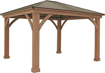 A wooden gazebo with a metal roof, shown from a front-side angle against a white background.