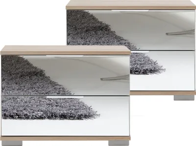 Produktbild von Schlafzimmer 2er Set Nachttisch Nachtschrank in Eiche sägerau Nb. mit Spiegelfront ELSTRA-43, B/H/T ca. 52/40/38 cm