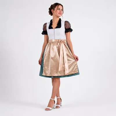 Produktbild von 2-teiliges Trachtenkleid (Kleid + Schürze) in Hellgrau/Grün/Hellbeige/Braun, KI-generiertes Bild