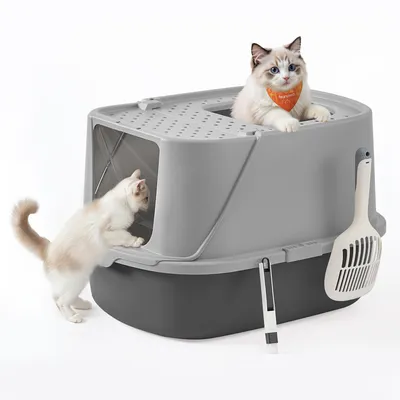 Produktbild von Feandrea Katzenklo groß XXL, Katzentoilette mit Deckel, mit Schaufel und Bürste, für Katzen bis 15 kg, taubengrau-schiefergrau