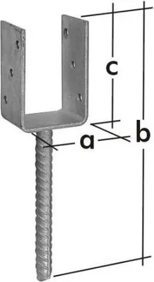 A diagram of a U-shaped post anchor with dimensions labeled a, b, and c.