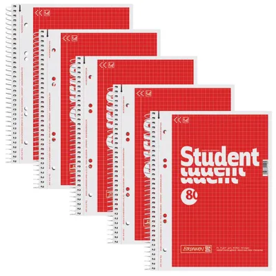 A stack of red and white spiral-bound notebooks.
