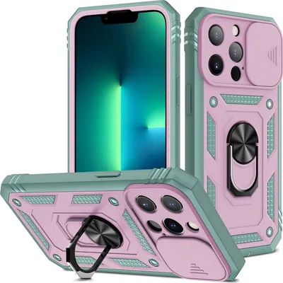 Produktbild von iPhone 14 Pro Hülle, Schiebe Kamera Schutz Robust Rüstung Stoßfest Schutzhülle mit Ringhalterung Ständer Kartenhalter für iPhone 14 Pro Grün Pink
