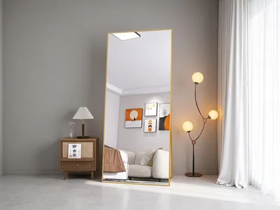 Produktbild von Rechteckiger Kosmetikspiegel aus gehärtetem Glas, goldfarbener Aluminiumrahmen, 1800 x 800 mm, modernes und elegantes Design
