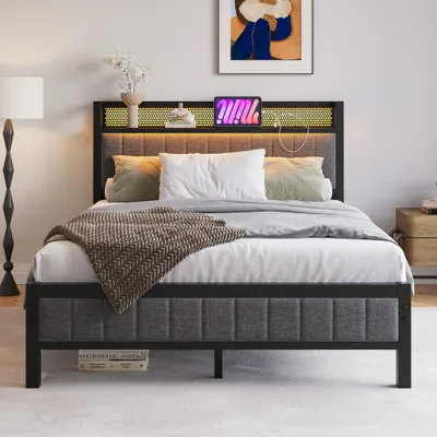 Metallbett mit LED & Ladestation, 120x200 cm, grau