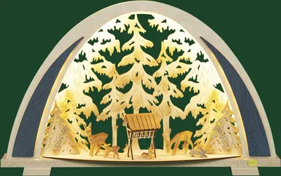 Imagen del producto de Adorno decorativo "Ciervos en el bosque junto al comedero de animales salvajes" con iluminación LED. Dimensiones: 52 x 32,5 x 8 cm. Producto nuevo