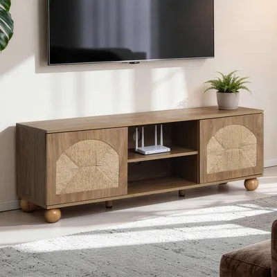 Produktbild von TV Schrank Holzoptik mit 2 Türen und Rattan-Geflecht, B 140 x T 40 x H 48 cm