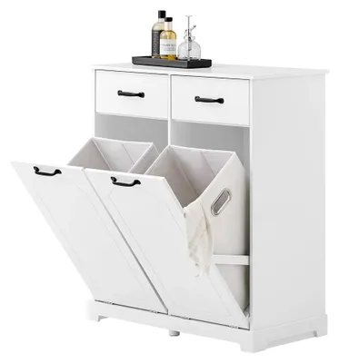 Produktbild von Badezimmerschrank mit 2×40L Wäschekorb – Schmaler Badschrank mit 2 Schubladen für Waschraum & Badmöbel, Weiß 79.5x38x90 cm