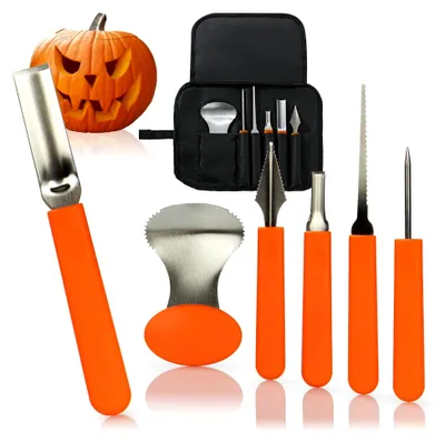 Produktbild von 6-teiliges Kürbis-Schnitzset für Halloween - Werkzeuge zum Aushöhlen von Kürbissen - Tasche mit Säge, Löffel, Schnitzwerkzeugen