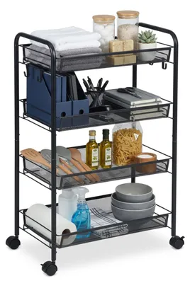Immagine prodotto di Carrello Relaxdays, 4 ripiani in rete, carrello da servizio, carrello da cucina, bagno e ufficio, L x P x A 84 x 44,5 x 26 cm, carrello da bricolage in metallo, nero