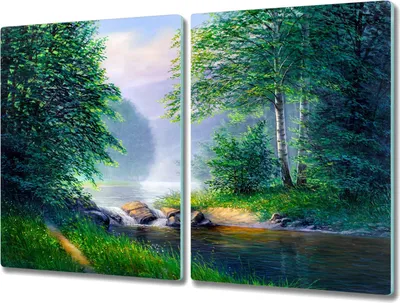 Produktbild von Coloray Schneidebrett Herdabdeckplatte 2x40x52 cm Kochplattenabdeckung Hackbrett Küchenbrett - Wald Flusslandschaft