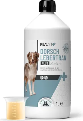 Produktbild von REAVET Dorschlebertran Plus Lachsöl für Hunde & Pferde 1L – Barf Öl Lebertran, Fischöl reich an Omega 3, Hund Barföl, Futteröl