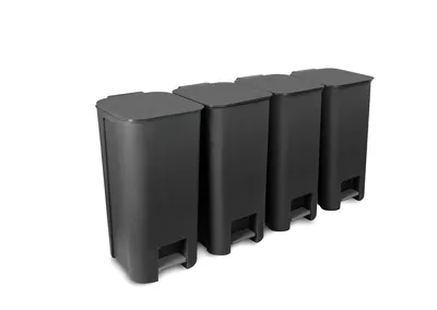 Four black pedal bins are lined up against a white background.
