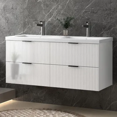 Produktbild von Badezimmerschrank Mineralguss Waschtisch mit Unterschrank Badmöbel Set mit Soft-Close Hochglanzweiß 120x44.5x52cm