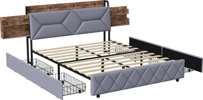 Obrázok produktu pre Čalúnená posteľ 140x200 cm, úložná posteľ so 4 veľkými zásuvkami, manželská posteľ s pripojením USB a Type-C, úložné čelo s ergonomickou opierkou hlavy, posteľ pre mladých, sivá