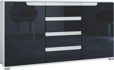 A modern sideboard with a glossy black front and white accents, set against a light gray background. A chair is reflected in the glossy surface.