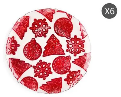 Produktbild von Excelsa Set Von 6 Früchte Teller Xmas Glas 22,5Xh1,5X22,5 Cm Rot