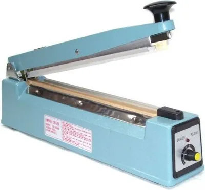 A light blue impulse sealer machine is shown against a white background.