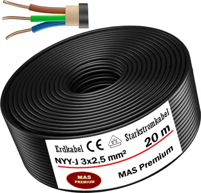 Produktbild von Erdkabel Starkstromkabel 20 m NYY-J 3x2,5 mm² Elektrokabel