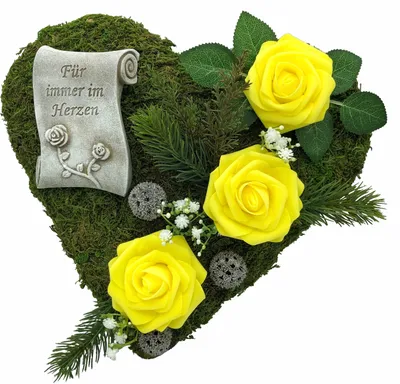 Produktbild von Grabgesteck Grabschmuck Moosherz Grabherz Trauerherz Gesteck - Für immer im Herzen -30cm-gelbe Rosen