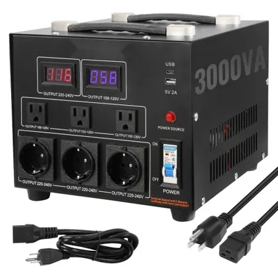 Produktbild von Spannungswandler Transformator AC 110V⇋220V - 3000W - Mit 3 US NEMA 5-15R Ausgangssteckdosen - 3-polig - 3 europäische Schuko-Ausgangssteckdosen - Inkl. 1 USB-Buchse und 1 Typ-C-Buchse