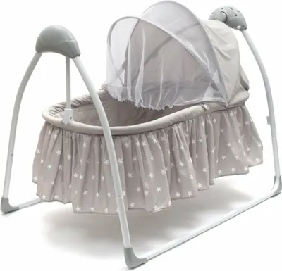 A baby cradle with a canopy and a star-patterned skirt, shown against a white background.