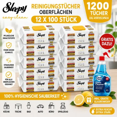Produktbild von Sleepy Easy Clean Zitrone / Lemon 12er Set + 1x Glasreiniger GRATIS – Reinigungstücher