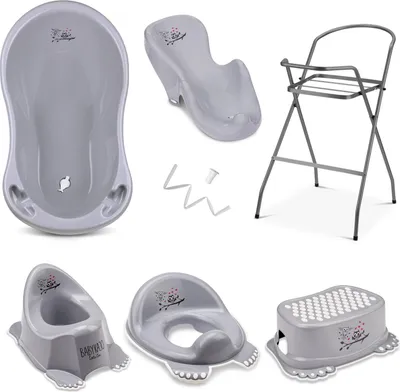 Produktbild von Baby Badewanne mit Gestell 7 Set Rheinland  - Babybadewanne + Baby Badewannensitz + Ständer + Abfluss + Töpfchen + Hocker + WC Sitz Kinder