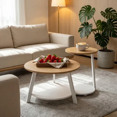Produktbild von Couchtisch 2er-Set Rund, Beistelltisch, Wohnzimmertisch, Sofatisch, Satztisch Metallgestell, 38x38x60,5cm, 58x58x44cm, Weiß