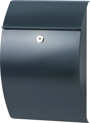 A dark gray mailbox is shown against a light gray background.