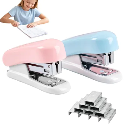 Mini-Hefter 26/6, blau+rosa, kompakt, ergonomisch, mit Entklammerer