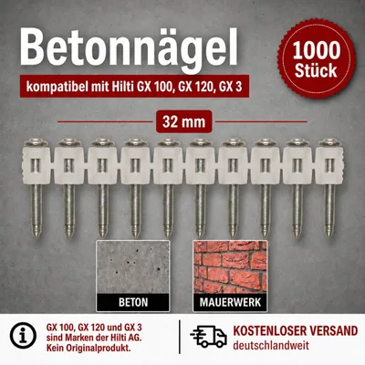 Obrázek produktu pro Hřebíky do betonu 32 mm 1000 kusů vhodné pro plynové hřebíkovačky Hilti GX 100, GX 120, GX 3