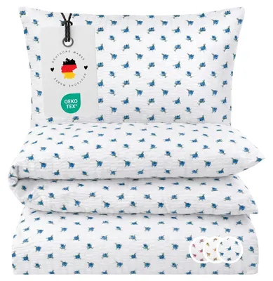 Produktbild von Seersucker Bettwäsche 135x200 Landhaus Rose Blau Sommer Bettwäsche geblümt Bettbezug 135 x 200 - Bügelfrei