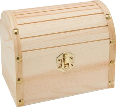 A light brown wooden treasure chest with a gold latch is shown from a slightly elevated side angle against a white background.